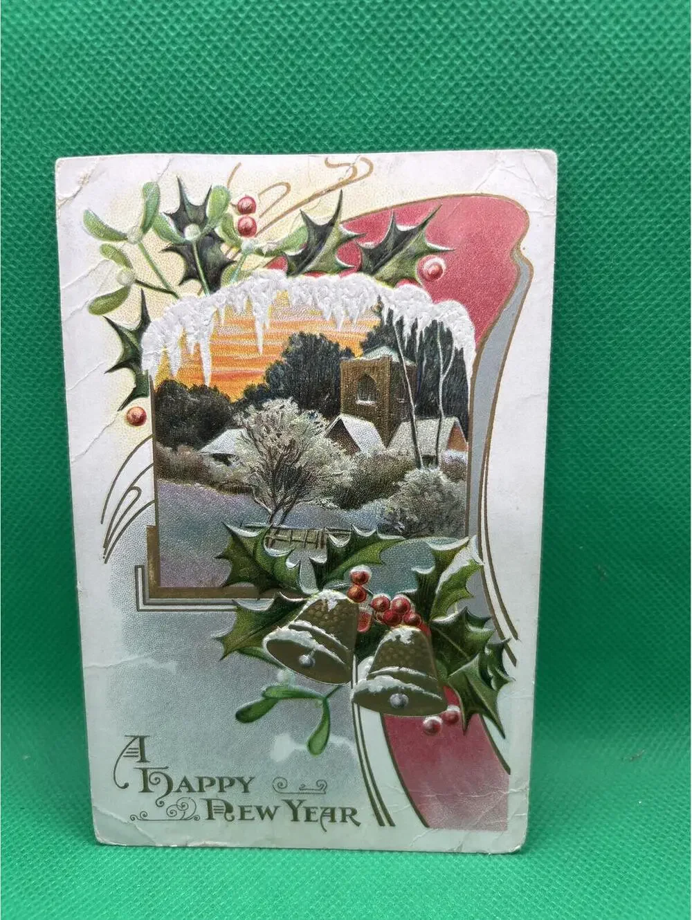 Vintage New Year Holiday Postcard with Winter Scene and Bells =box5 -box5